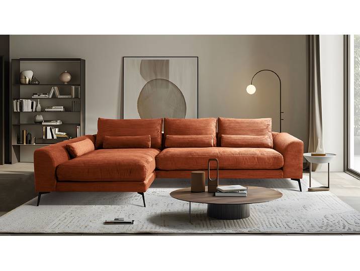Ecksofa Rot/Orange Cordstoff Lola 313 x 85 x 172cm Longchair davorstehend links Modern