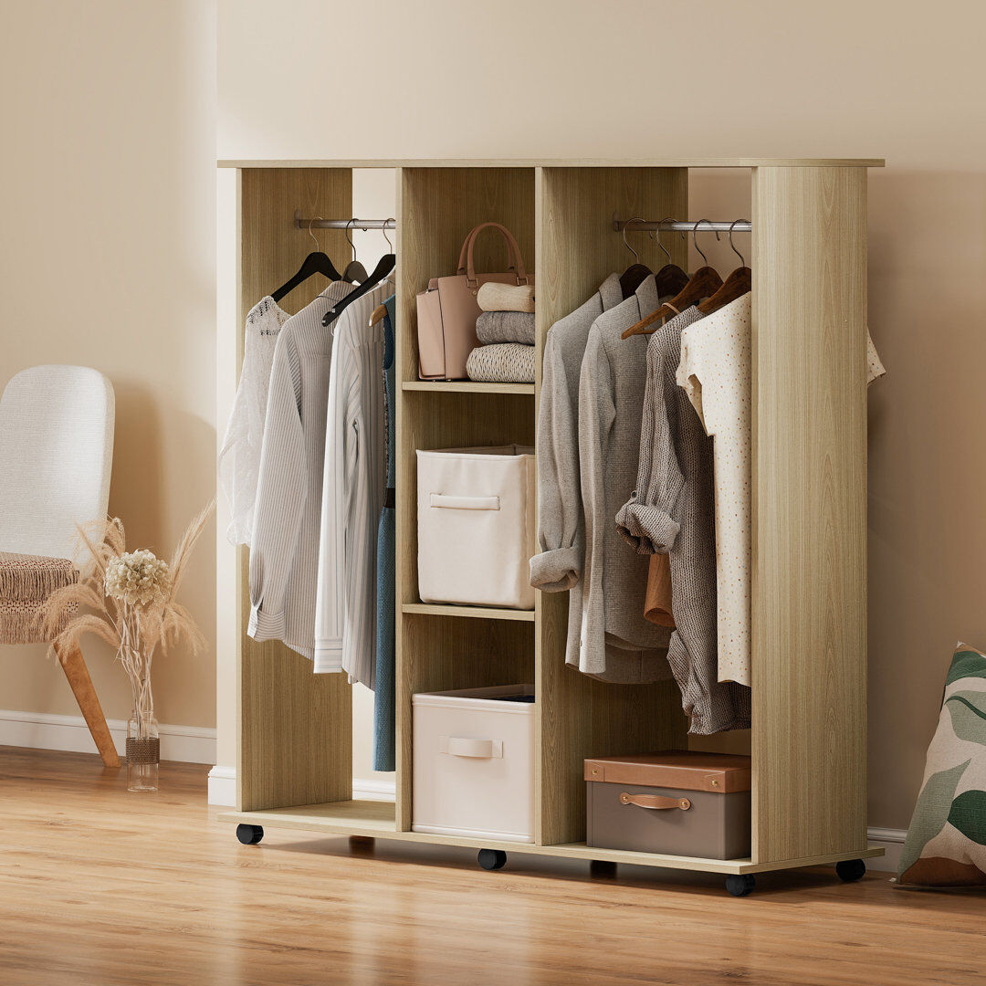 Rebrilliant HOMCOM Mobile Double Open Wardrobe w/ Clothes Hanging Rail Colthing Natural