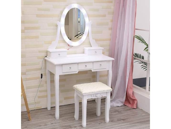 GarveeMore Moderne Schminktisch mit verstellbarem LED-Spiegel, 5 großzügige Schubladen, integrierter Stuhl – Eleganter Make-up-Tisch für das Schlafzimmer – Ideal für Frauen und Mädchen – Weiß