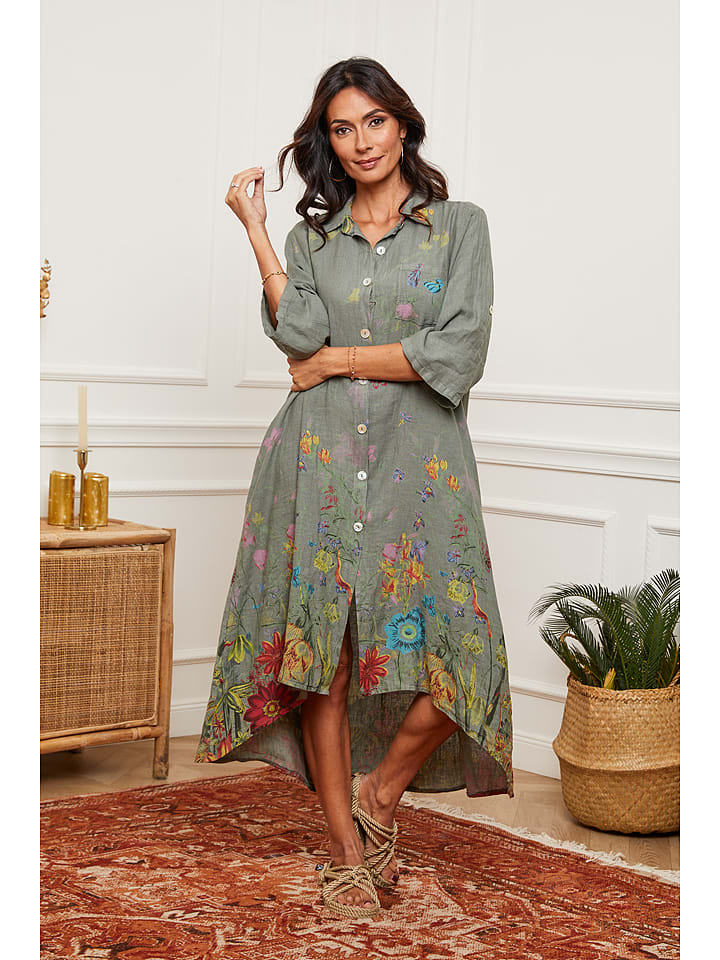 Fleur de Lin Leinen-Kleid "Faroudja" in Khaki - XXL