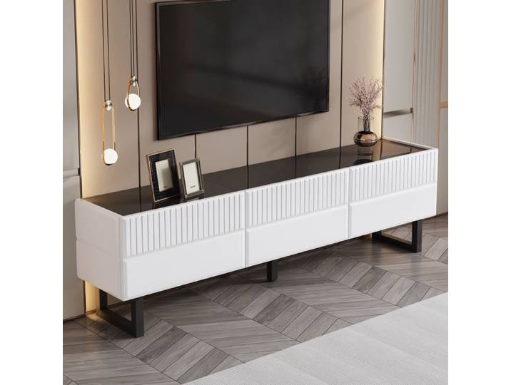 Meuble TV 170x35x47cm - avec 3 Grands Tiroirs - Style Scandinave et Chic - Plateau Haute Brillance - Blanc et Noir