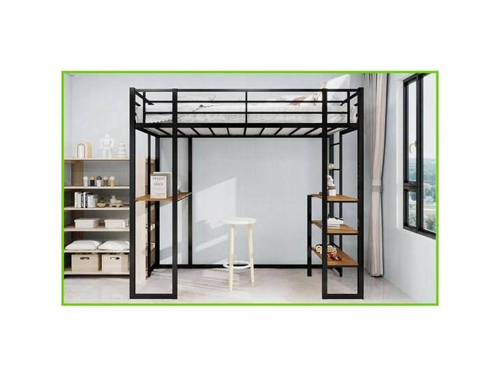 Lit mezzanine en fer - Bureau L et escaliers des deux côtés - Noir