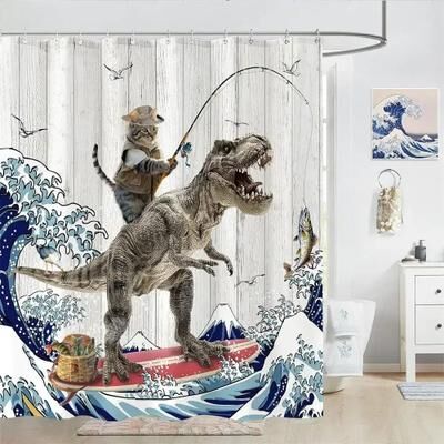 Uplift Essentials "Creative Kids ""Cat Riding Dinosaur"" Shower Curtain style 9 71 In X 71 In"