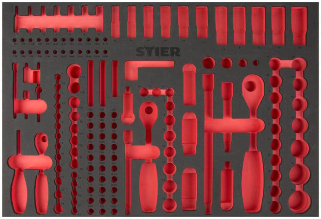 STIER Plateau en mousse souple STIER (EVA) pour jeu de douilles 179 pièces, vide, pour servante d'atelier STIER, 570 x 400 x 30 mm, insert en mousse, insert outils (903169)