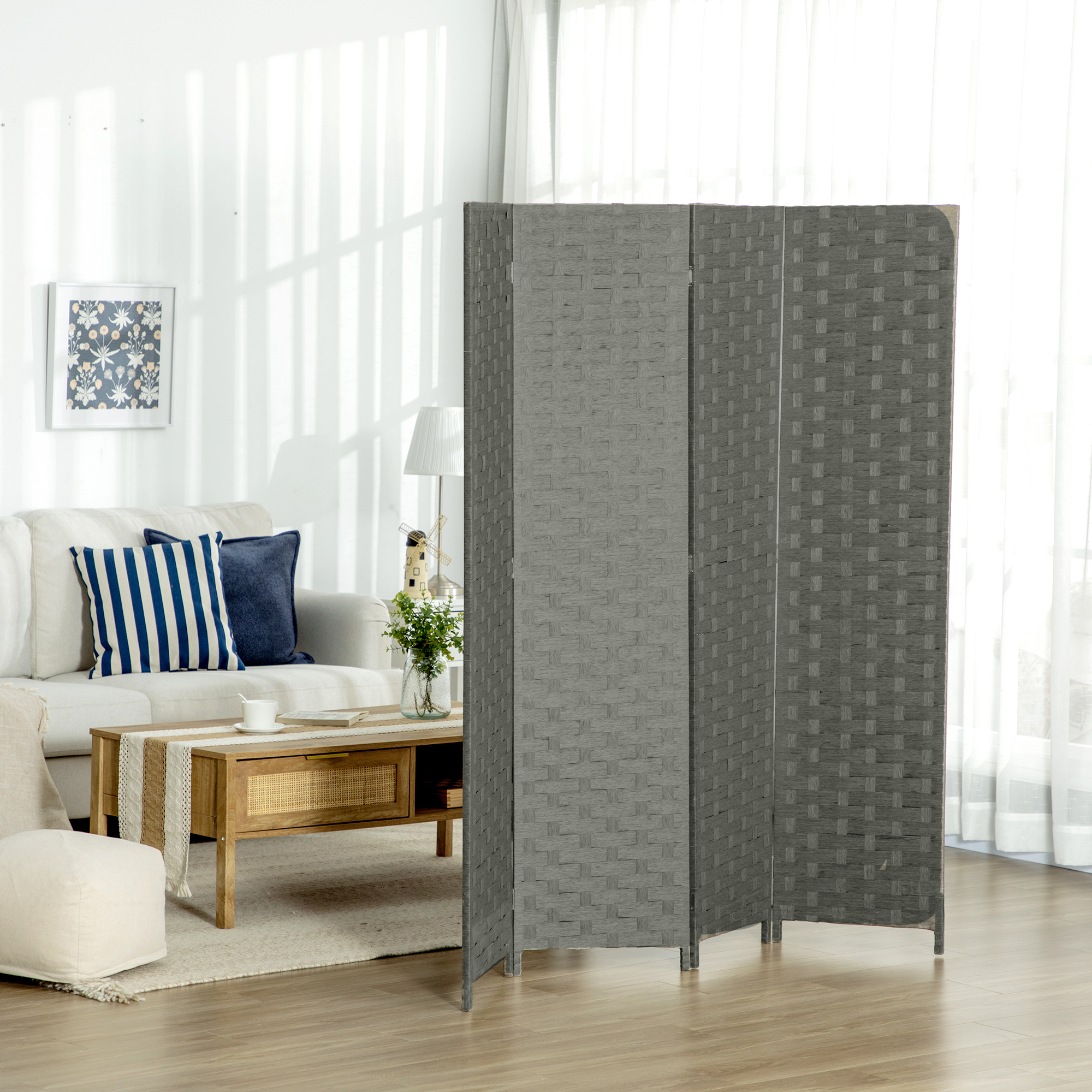 Homcom Paravent interno in legno a 4 pannelli separatore di ambienti separè, dim. 159,5L x 169,5H x 1,6P cm