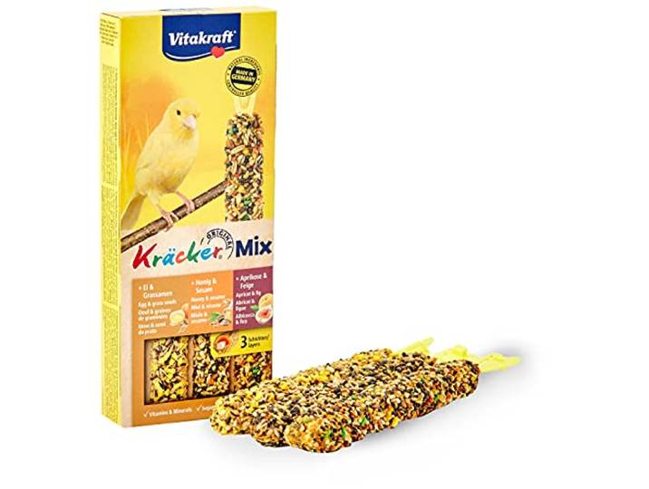 Vitakraft Kräcker Mix, Vogelsnack, Kauwstaafjes, met ei en graszaad, met abrikoos en vijg, met honing en sesam, voor snavelverzorging, geen suiker toegevoegd (1x 80g)