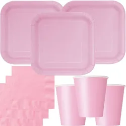 Party Deko Set rosa Einweggeschirr für 14 Personen eckige Teller, Becher, Servietten Hochzeit Geburtstag