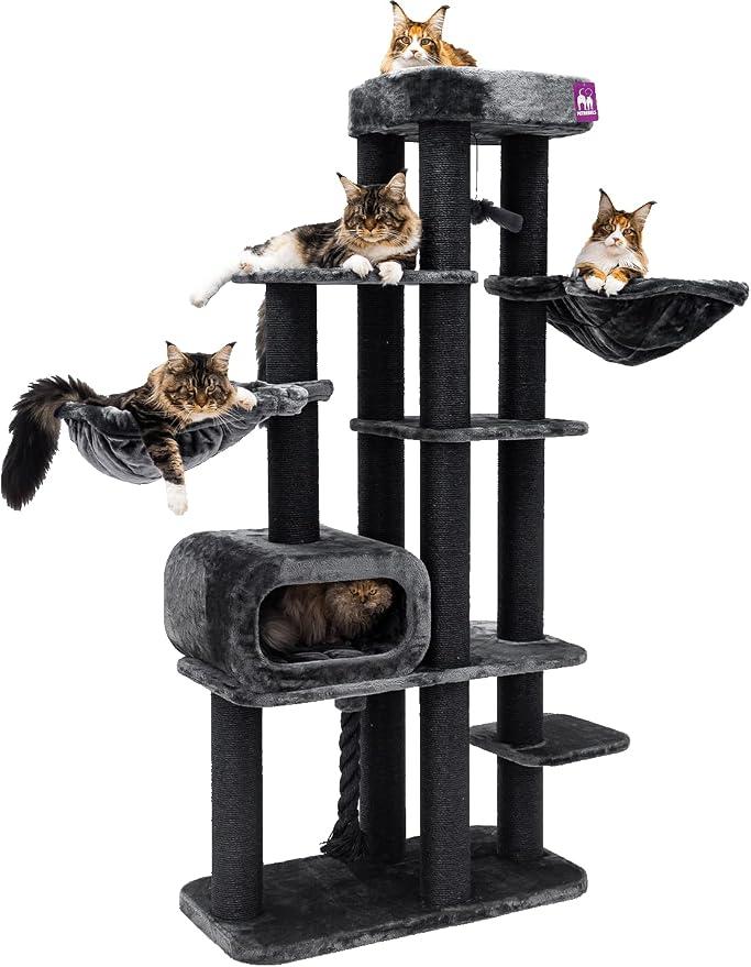 Kratzbaum XXL Interstate 199 cm, Maine Coon Kratzbaum groß mit Dicke ? 12 Sisalstämme, Farbe Schwarz