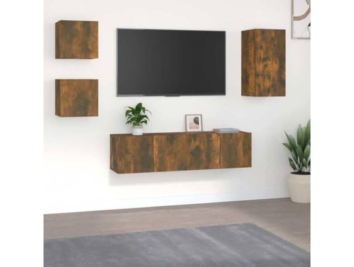 VIHHQGC 5-TLG. TV-Schrank-Set Räuchereiche Holzwerkstoff mit Wandmontage Robustes Holzwerkstoffmaterial, viel Stauraum, platzsparende Wandmontage, klassisches Design