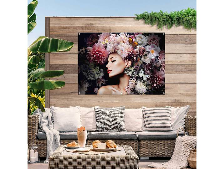 Outdoor-Poster Frau mit Blumenhut Wetterbeständiges PVC mit Aufhängeösen Pink 100 x 140 x 0cm
