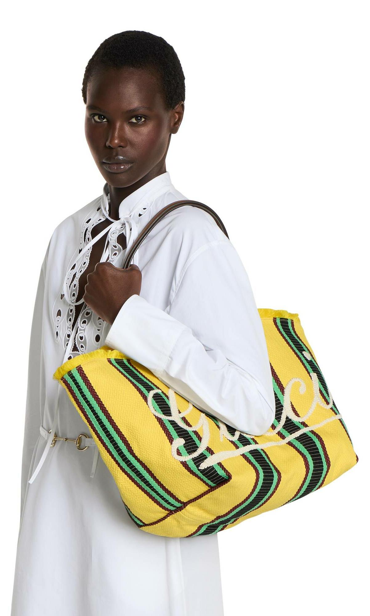 Gucci Herren Tote Bag Handtasche aus besticktem Canvas in Grün-Multicolor