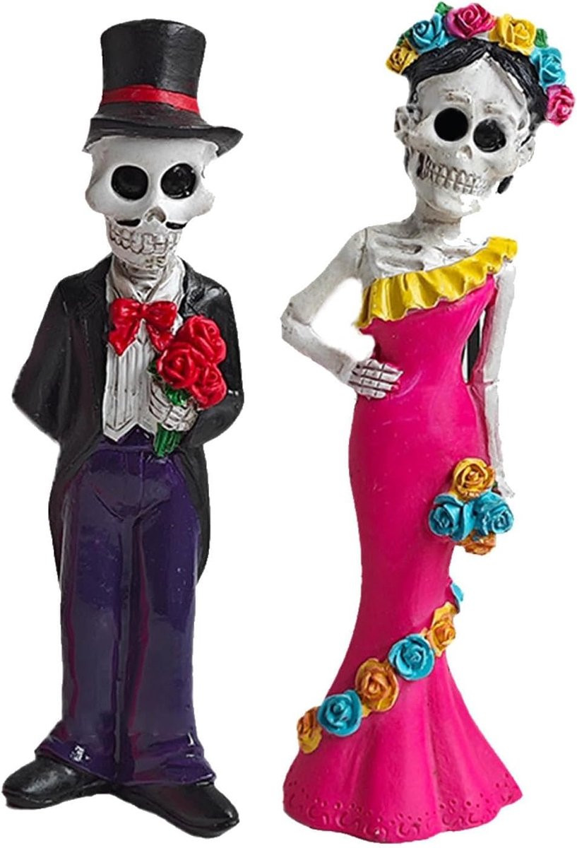 Skelet Paar Beeldje - Kleine Sculptuur voor Bureau Decoratie - Liefde Tussen Leven - Hoogte: 14.5 cm