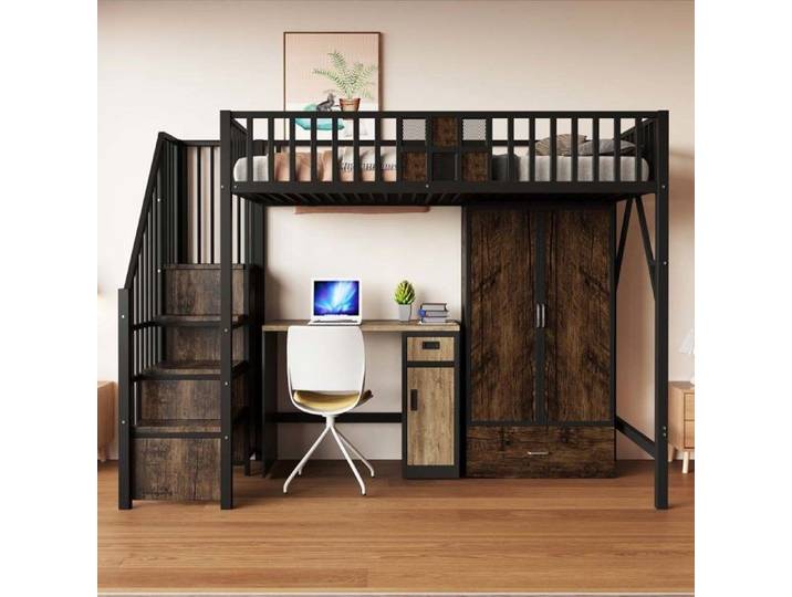 LIT MEZZANINE - YEHTOKHOME - 90x200 - Rangement modulable - Armoire avec tiroirs - Structure métal noir