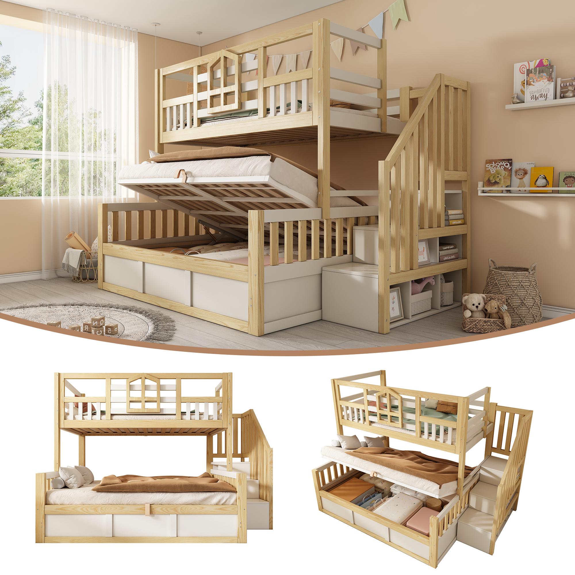 MODFU Etagenbett 90+140x200 Kinderbett mit Sicherheitsgeländer und Aufbewahrungstreppe Doppelbett mit Fenster Stauraumbett mit Viel Stauraum ohne Matratze Eiche