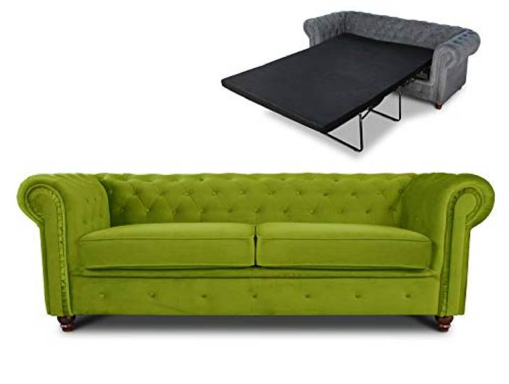 Sofnet - Schlafsofa Chesterfield Asti Bis 3-Sitzer (Hellgrün, Velvet 75) Bettsofa, Sofa mit Schlaffunktion, 3-Sitzer, Couch, Bettfunktion, Veloursstoff, Holzfüße, Chesterfield Stil
