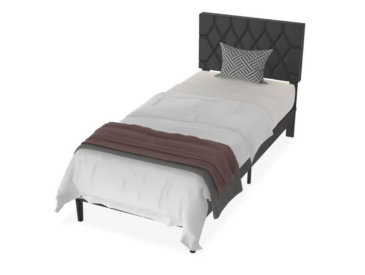 Lit - UISEBRT - 90x200cm - Métal Noir - Tête en Cuir - 1 Place - Design Contemporain