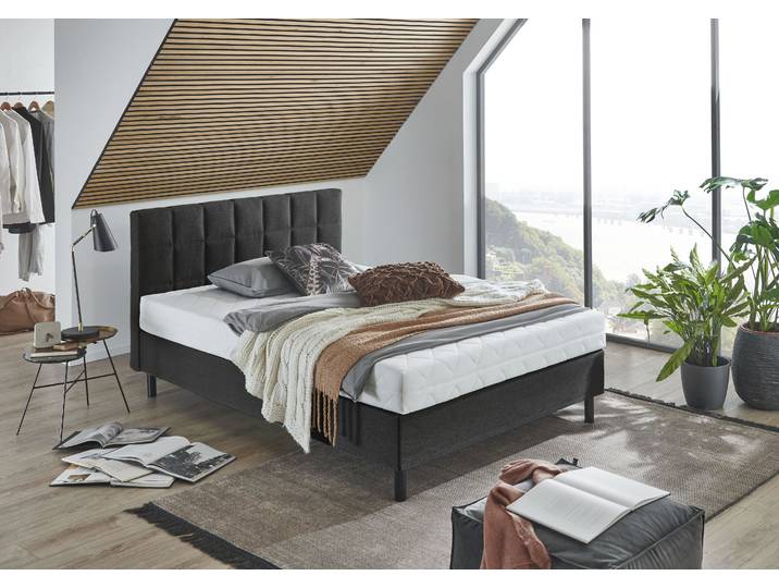 Boxbett Nikola , grau (anthrazit), B:122cm L:210cm, ATLANTIC HOME COLLECTION, Komplettbetten, Boxbett, Massivholzfüssen, mit / ohne Matratze, in H2 und H3 erhältlich