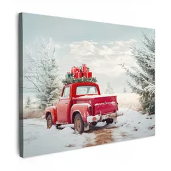 LEINWANDBILD Auto - Rot - Geschenke - Winter - Schnee - Weihnachten Wandbilder 80x60 cm