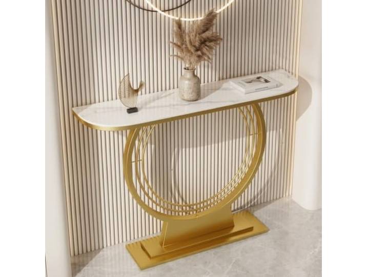 Weiwehome Moderner Konsolentisch, Sinterstein Flurtisch mit Metallgestell Sintersteinplatte, Stabiler Metallrahmen, Moderner Flurtisch, Kompaktes Design(Gold-A,39.4in)