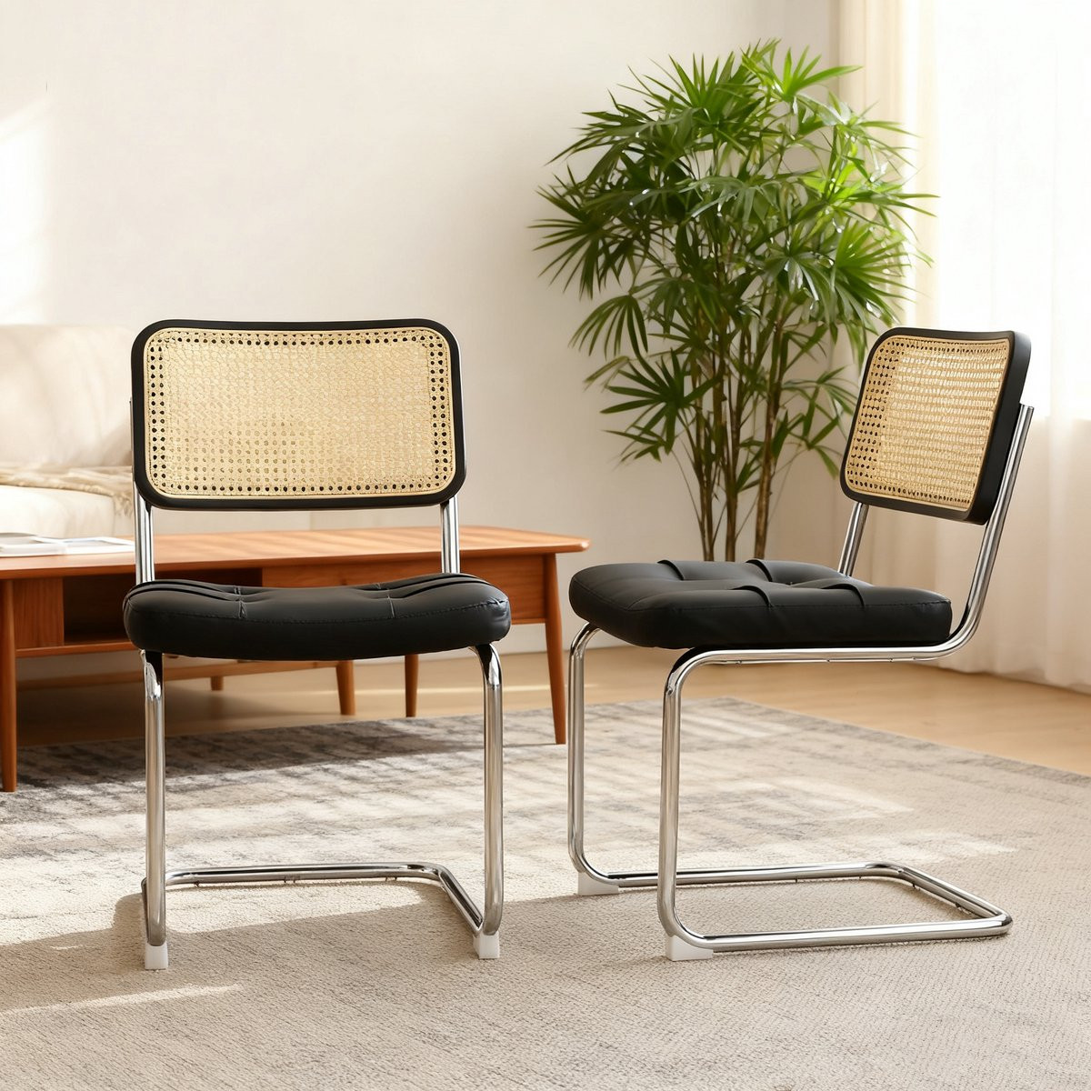 Set van 2 Eetkamerstoelen - Zwart Kunstleer - Moderne Mid-Century Breuer Stijl - Chrome Poten