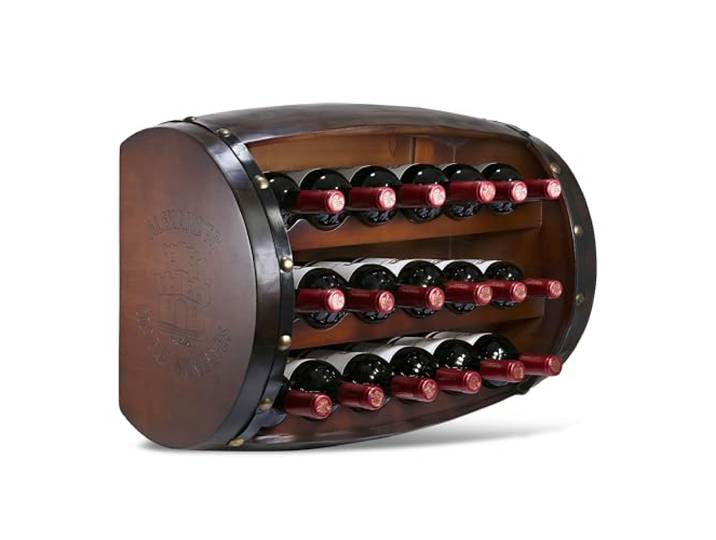 CoTa Global Napoleon Wand-Weinregal – 18 Weinflaschen, Holzfass-Weinregal, hängender oder freistehender Boden-Weinhalter, Likör-Bar-Regal, rustikale Weinaufbewahrung, Organizer, Heimdekoration