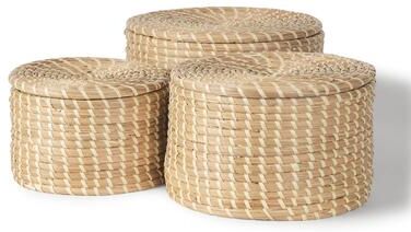 Mercana Kailini Light Brown Seagrass & Palm Leaf Round Nesting Boxes w/ Lids (Set of 3) - 13.4L x 13.4W x 8.3H