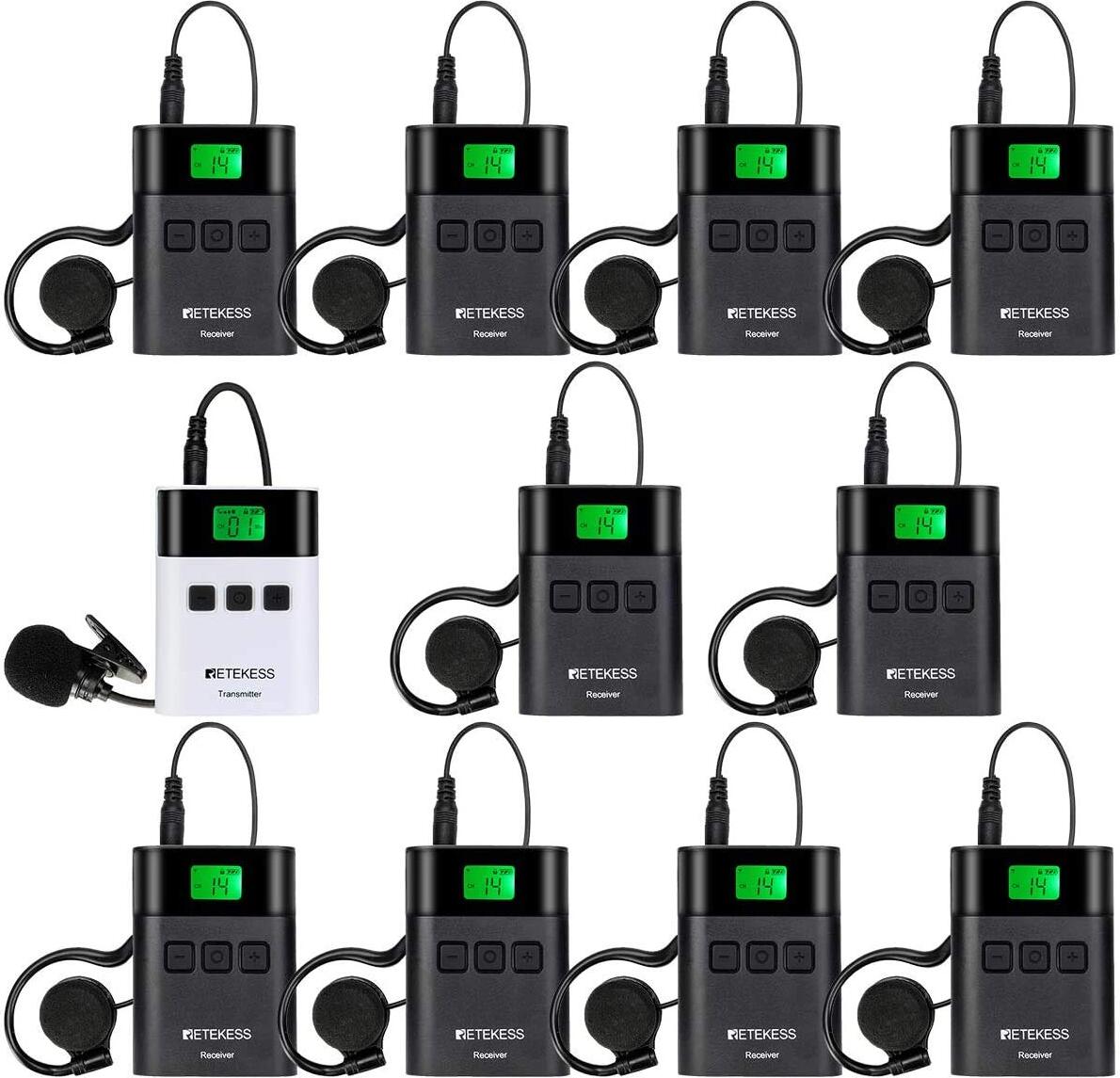 Retekess TT122 Tour Guide System 2,4 GHz Guided Tour System 36 Kanäle für Werksbesichtigungen, Konferenzübersetzung, Tourismus, Logistik, Regierung (1 Sender 10 Empfänger)