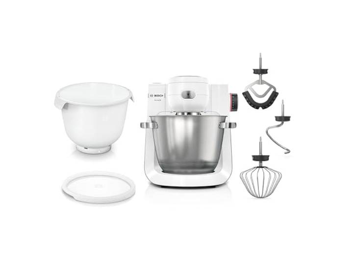 Bosch Küchenmaschine Serie 6, 2 Schüsseln 5,5 l (Edelstahl, Kunststoff), 7 Stufen, Planetenrührwerk, Knethaken/Rühr-/Silikonbesen spülmaschinenfest, weiß, MUMS6EW18