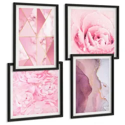 BILDER SET 4er Set - 50x50 cm & 40x60 cm Schwarzer Rahmen - Rosa geometrische Pfingstrosen