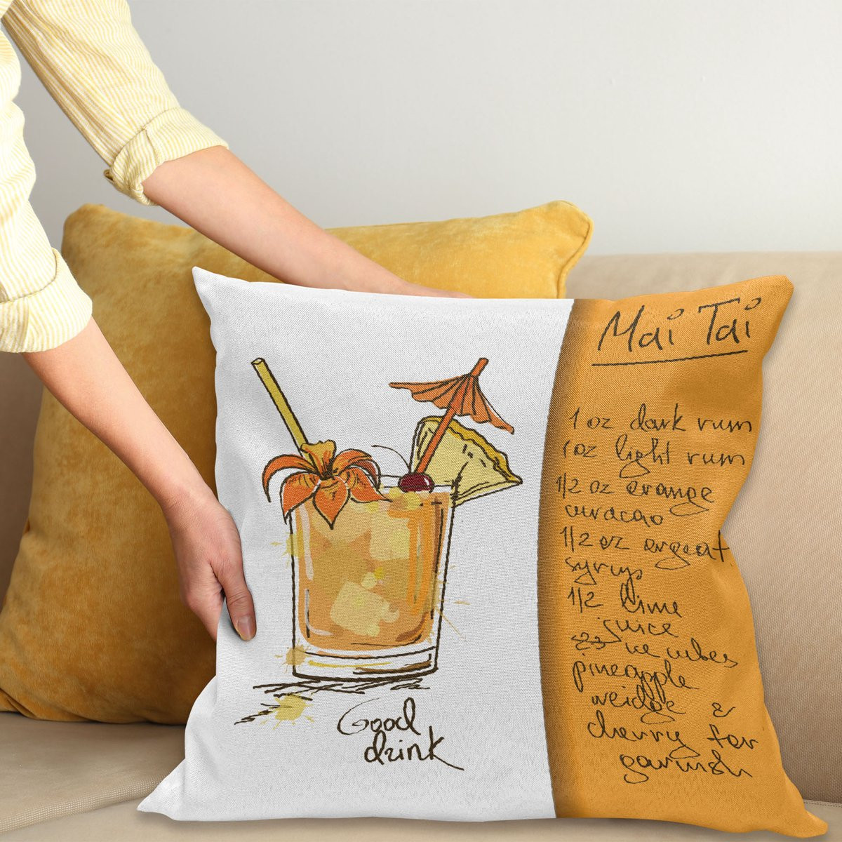 ABAKUHAUS Tiki Bar Sierkussenhoes Mai Tai Cocktail in een Glas, Oranje Wit, 40 x 40 cm