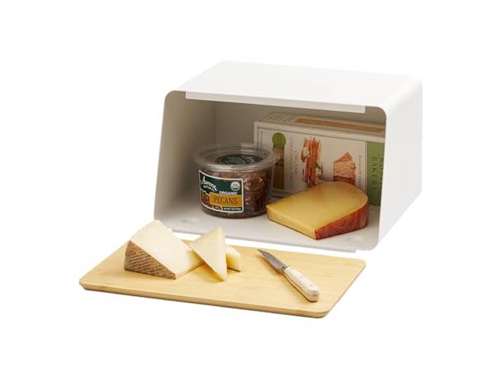 YAMAZAKI 5290 TOWER Bread Case with Removable Lid\, white\, Steel/Bamboo\, 31.5 x 24.5 x 18.5 cm