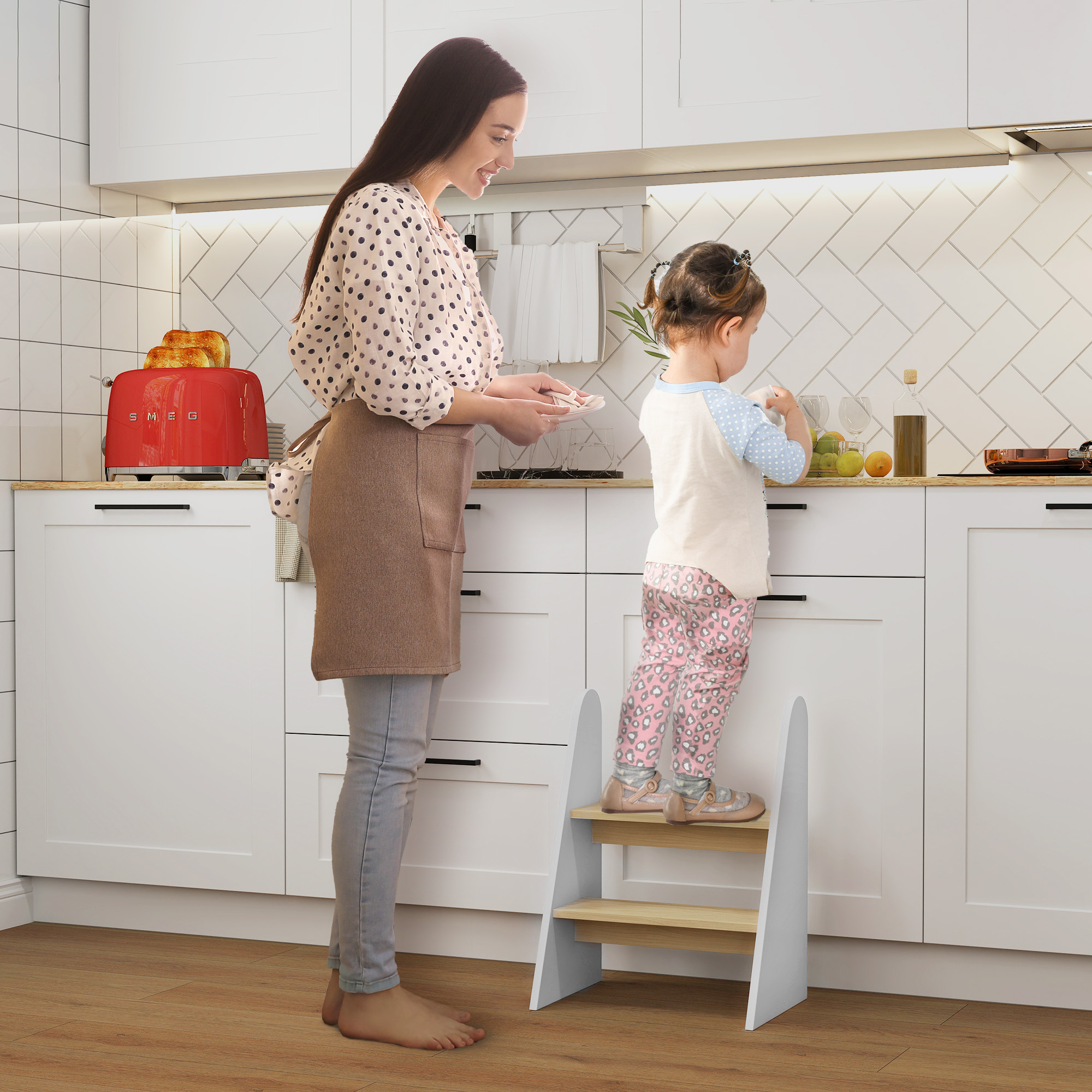 Aiyaplay Sgabello Montessori per Bambini a 2 Gradini, Scaletta per Bambini 3-8 Anni con Bordi Arrotondati, Bianco   Aosom Italy