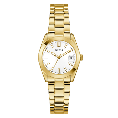 Quarzuhr GUESS "ALICE", gold (goldfarben, weiß), Armbanduhren, Damen, goldfarben, Quarzuhr, Armbanduhr, Damenuhr, Edelstahlarmband, Datum, Kristallglas