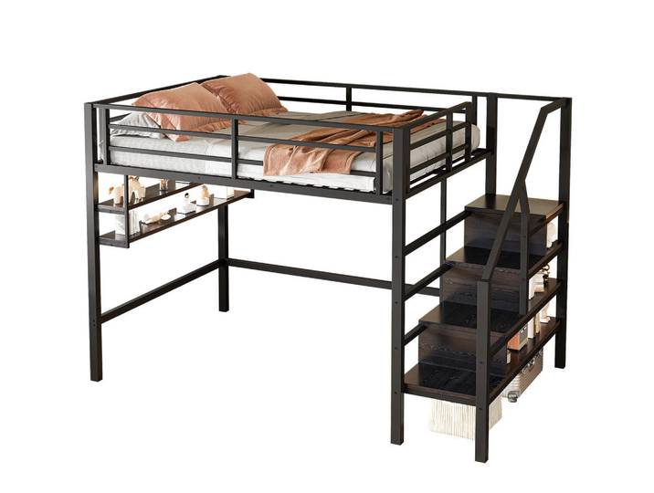 Modfu Hochbett aus Metall 140x200 cm in Schwarz mit Stauraumleiter & Regalen, 140x200 cm, Babymöbel & Kindermöbel, Kinderzimmer & Jugendzimmer, Kinderbetten, Hochbetten