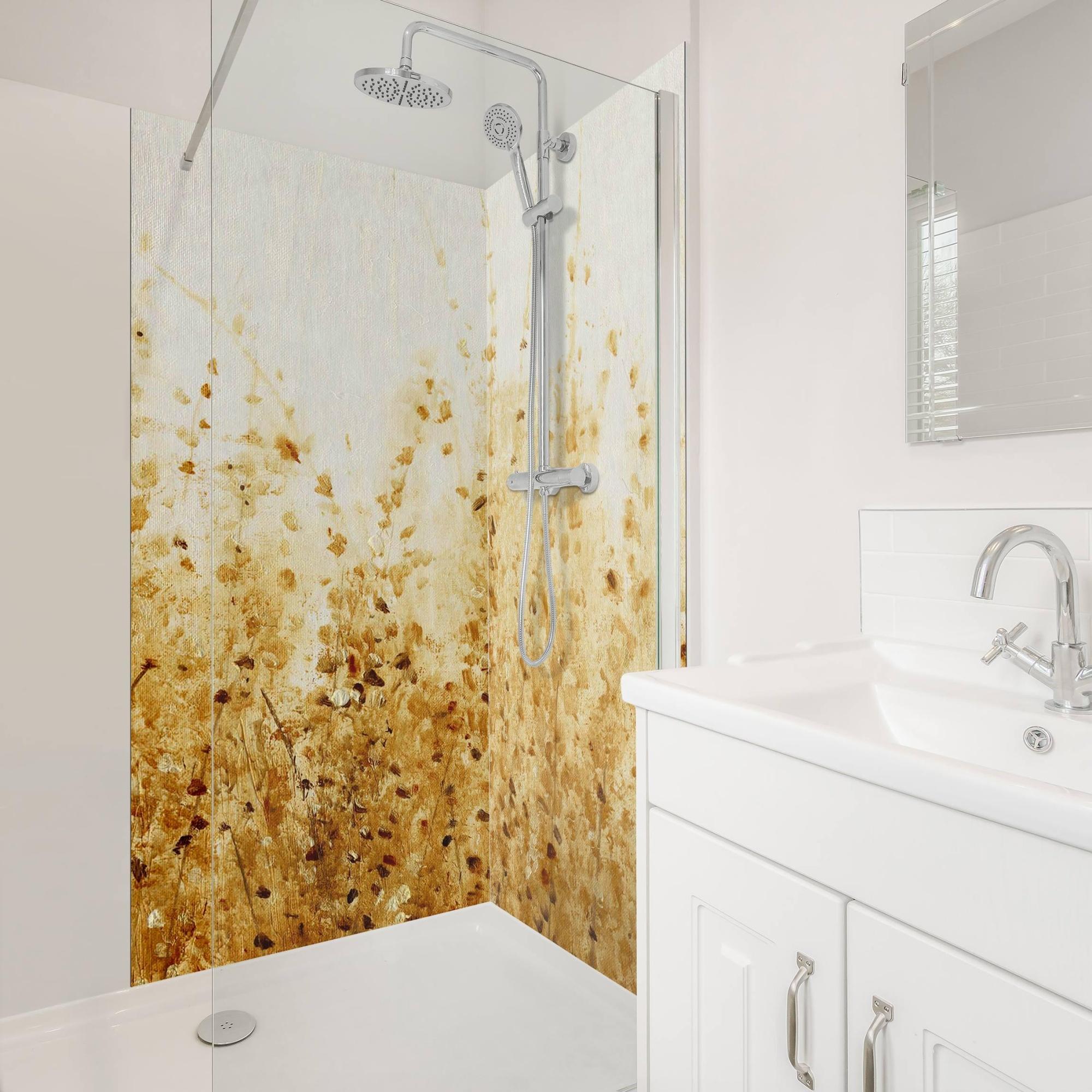 Duschrückwand Blumen selbstklebend - 0.61 mm Wandpaneel wasserfest Blumenwiese beige Badrückwand fugenlos Premium matt 100x190 cm