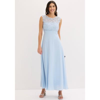 Maxikleid BONPRIX "Maxikleid mit Spitze", Damen, Gr. 38, N-Gr, ohne Ärmel, Spitze, blau (puderblau (länge: regulär)), Spitze, Obermaterial: 100% Polyester. Futter: 100% Polyester. Spitze: 100% Polyester, unifarben, festlich, tailliert knöchellang,...