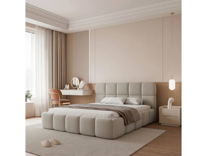 Polsterbett CERETTO 140x200 Kaltbeige Boucle mit Bettkasten & Lattenrost