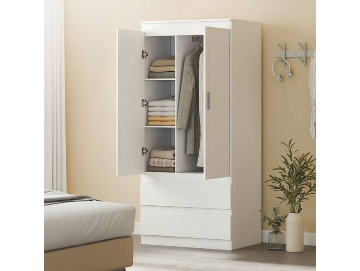 HOMCOM Armoire 2 Portes 2 Tiroirs Bois Blanc Chambre