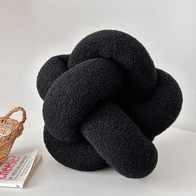 Lush Living Finds Single Standed Knotted Ball Pillow, Lamb Velvet Sofa Cushion, Bed Backrest black