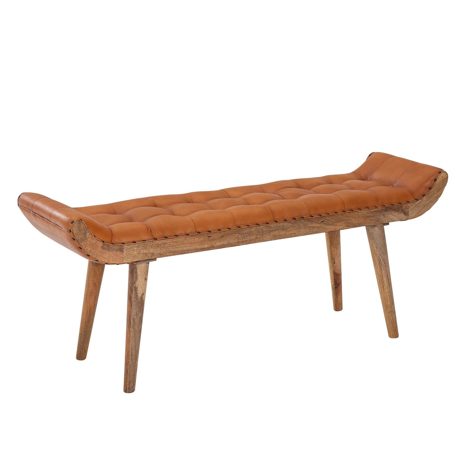 WOHNLING WL6.479 Sitzbank Echtleder / Massivholz 125x50x38 cm Chesterfield Braun