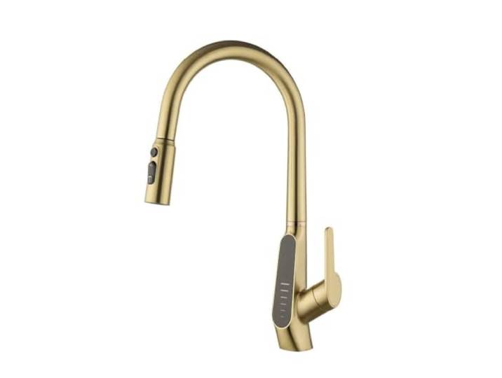 Messing-Küchenarmatur, herausziehbare Spültischarmatur mit hydroelektrischer LED-Anzeige, 3 Wasserauslässe,Flusskontrolle(Gold)