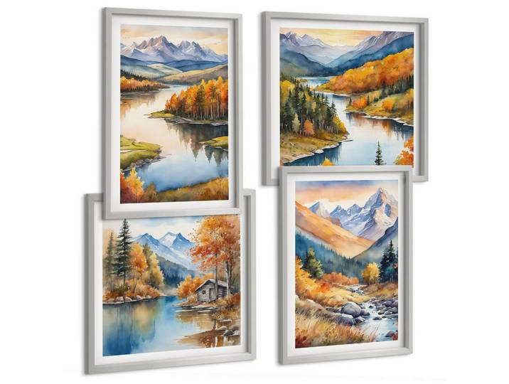 Tulup Bilder SET 4er Set - 50x50 cm & 40x60 cm Silberner Rahmen - Bergblick, Fluss, Herbst, Silberfarben, Kunststoff, Rechteckig, 50x50 cm, Fotografie, Bilder & Rahmen, Bilder