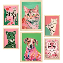 POSTER Set Mit 6 Rosa Haustiere A3 & A4 Rahmen Aus Hellem Holz