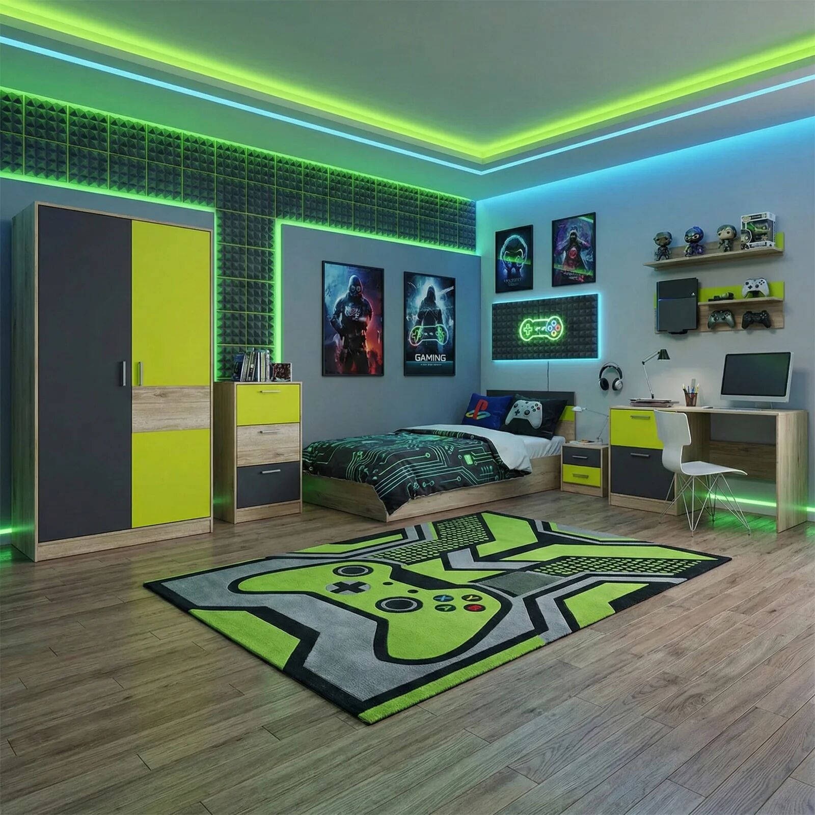 garneroarredamenti Cameretta bambini rovere verde mela grafite armadio letto comodino cassettiera scrivania Cooper