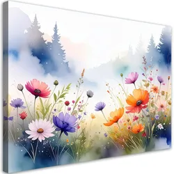 BILD auf Leinwand, Feld Blumen Wald Pastell Landschaft