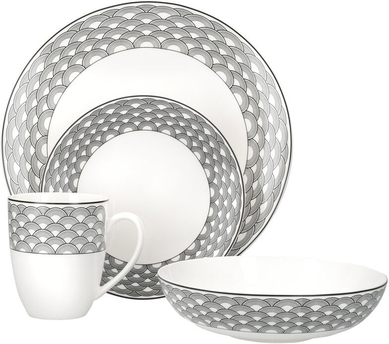 Maxwell & Williams Harlequin Coupe 16 Piece Black Edged Dinnerware Set, Service for 4 Black 16