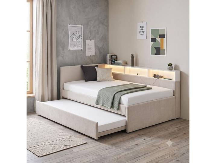 Polsterbett Nalea Komfort Velours mit Tandemliege und Beleuchtung 90x200 cm modern, Mit