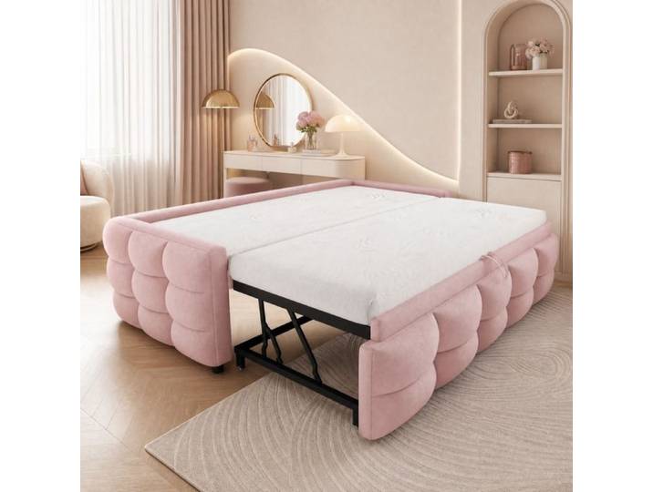 Lit combiné extensible 90/180x190 cm en tissu Teddy rose canapé-lit gigogne
