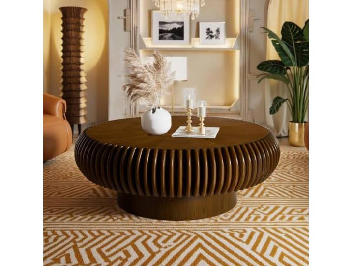 Runder Couchtisch mit geriffeltem Sockel im Mid-Century, Walnut,31.5inch Modern-Stil Stabiler Beistelltisch für Wohnzimmer und kleine Apartments