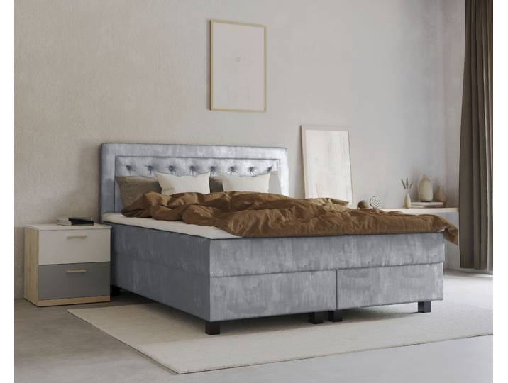 Boxspringbett, 100% Polyester, Hellgrau, 181×208 cm, Mit Topper & Taschen-Federkernmatratze, Modern, Leonique